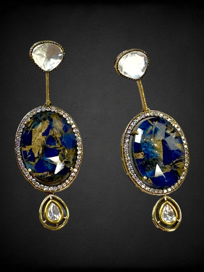 Oval Marble Stone Moissanite Polki Brass Earrings