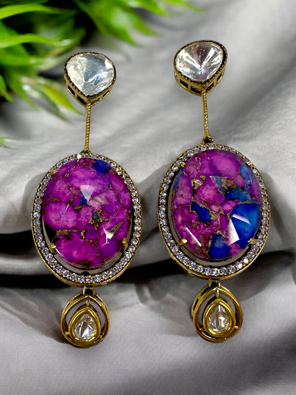 Oval Marble Stone Moissanite Polki Brass Earrings