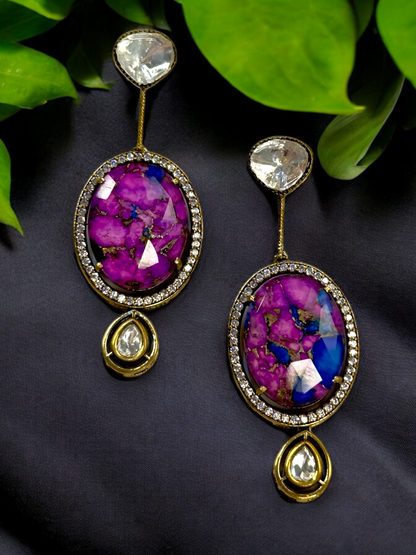 Oval Marble Stone Moissanite Polki Brass Earrings