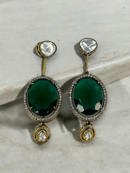 Oval Marble Stone Moissanite Polki Brass Earrings