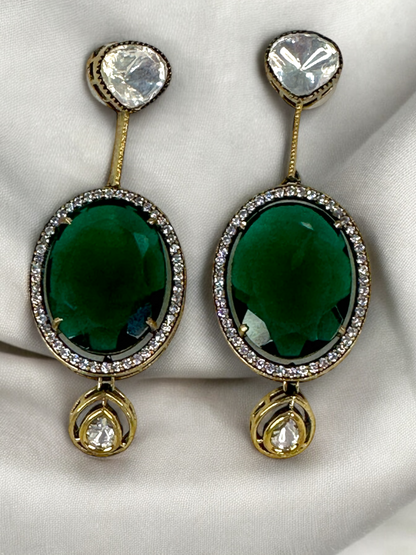 Oval Marble Stone Moissanite Polki Brass Earrings