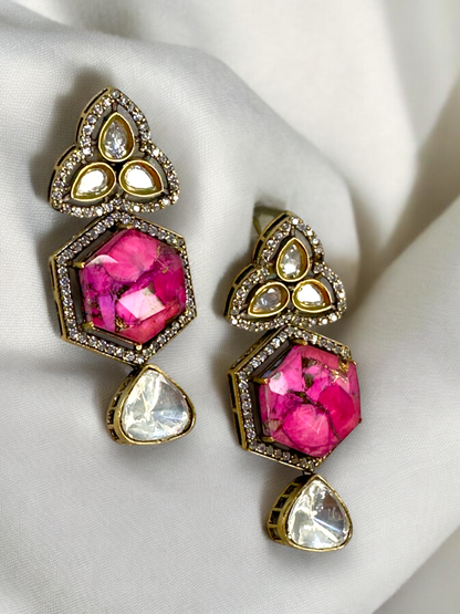 Hex Marble Stone Moissanite Polki Brass Earrings