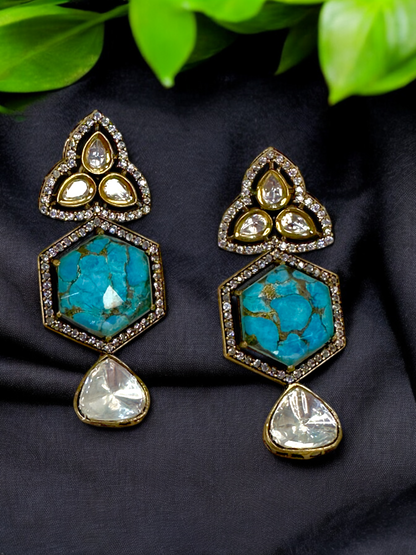 Hex Marble Stone Moissanite Polki Brass Earrings