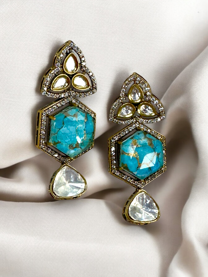 Hex Marble Stone Moissanite Polki Brass Earrings