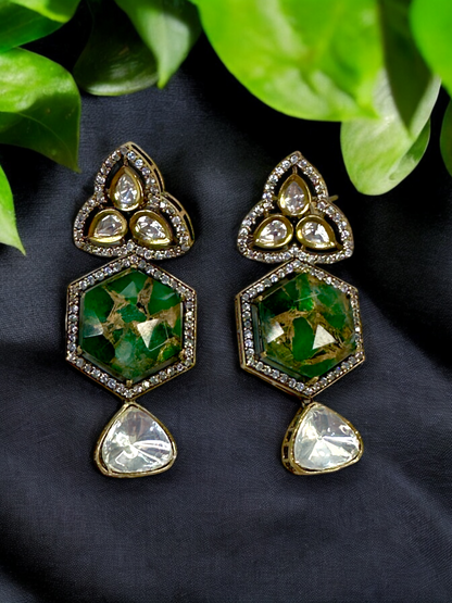 Hex Marble Stone Moissanite Polki Brass Earrings