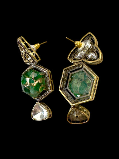 Hex Marble Stone Moissanite Polki Brass Earrings