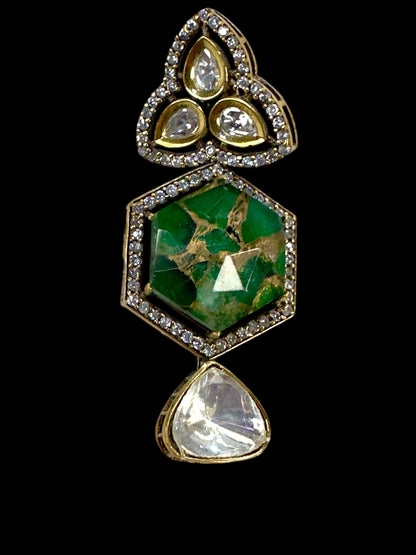 Hex Marble Stone Moissanite Polki Brass Earrings