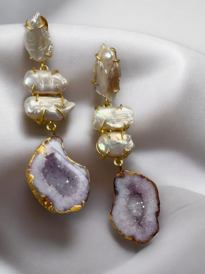 Purple Sugar Druzy Agate and Baroque Pearl Danglers
