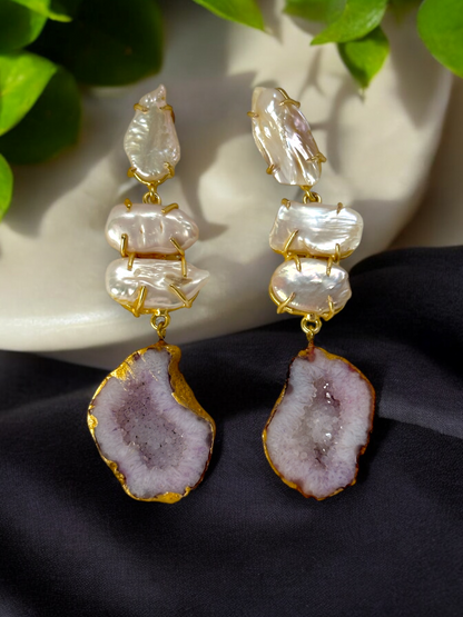 Purple Sugar Druzy Agate and Baroque Pearl Danglers