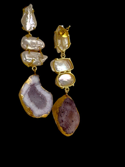 Purple Sugar Druzy Agate and Baroque Pearl Danglers