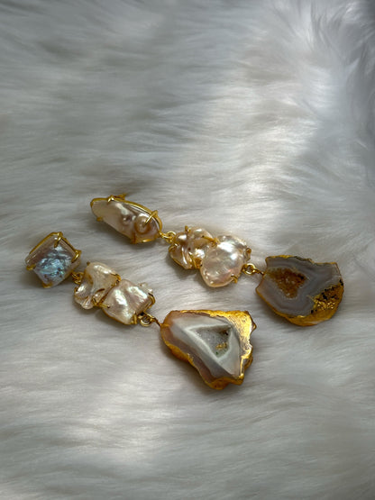 Gray Sugar Druzy Agate and Baroque Pearl Danglers