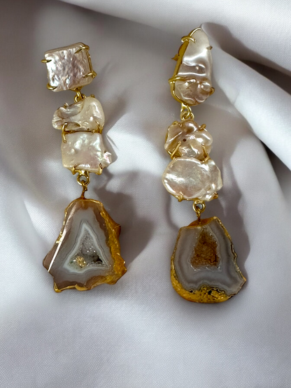 Gray Sugar Druzy Agate and Baroque Pearl Danglers