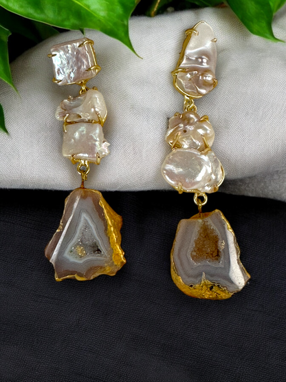 Gray Sugar Druzy Agate and Baroque Pearl Danglers