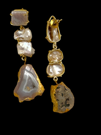 Gray Sugar Druzy Agate and Baroque Pearl Danglers