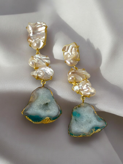 Teal Sugar Druzy Agate and Baroque Pearl Danglers