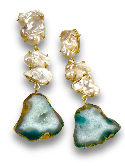Teal Sugar Druzy Agate and Baroque Pearl Danglers