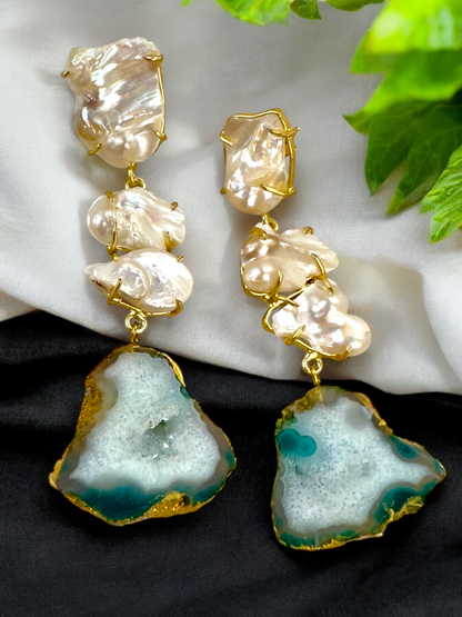 Teal Sugar Druzy Agate and Baroque Pearl Danglers
