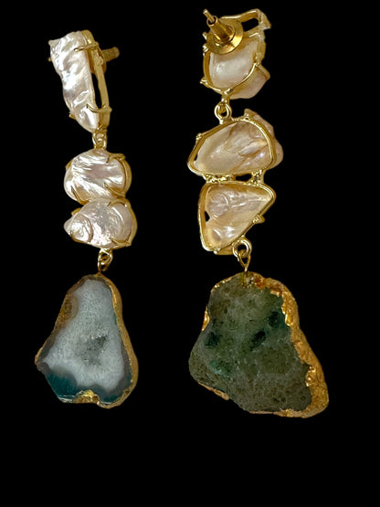 Teal Sugar Druzy Agate and Baroque Pearl Danglers