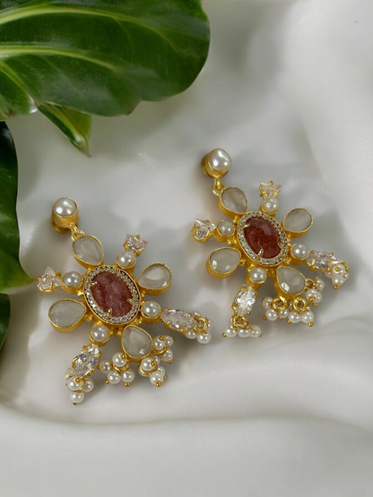 Pink Strawberry Quartz Pearl Loreal Earrings