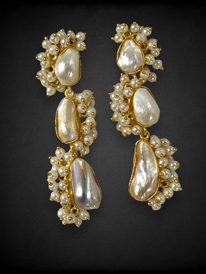White Baroque Pearl Tripplet Danglers