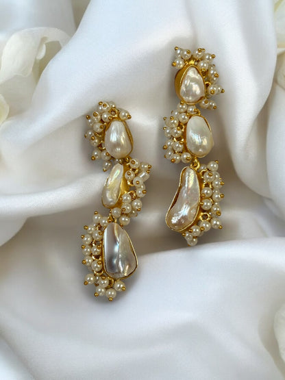 White Baroque Pearl Tripplet Danglers