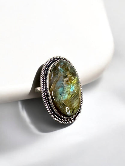 Flashy Green Labradorite Chunky Adjustable Ring