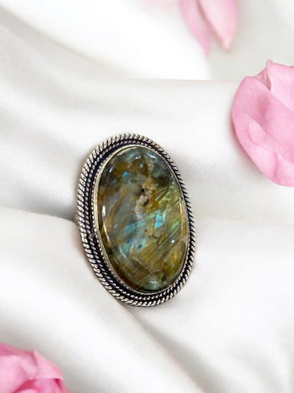 Flashy Green Labradorite Chunky Adjustable Ring