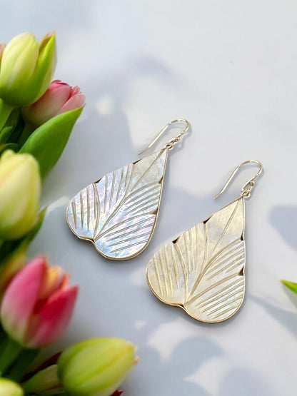 White Mother of Pearl Carved Leaf Earrings