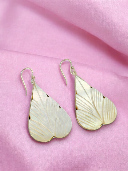 White Mother of Pearl Carved Leaf Earrings
