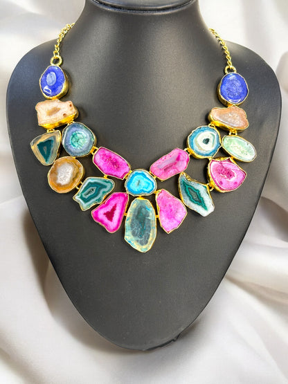 Multicolored Agate Stone Slice Brass Necklace Set