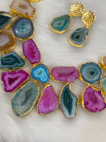 Multicolored Agate Stone Slice Brass Necklace Set