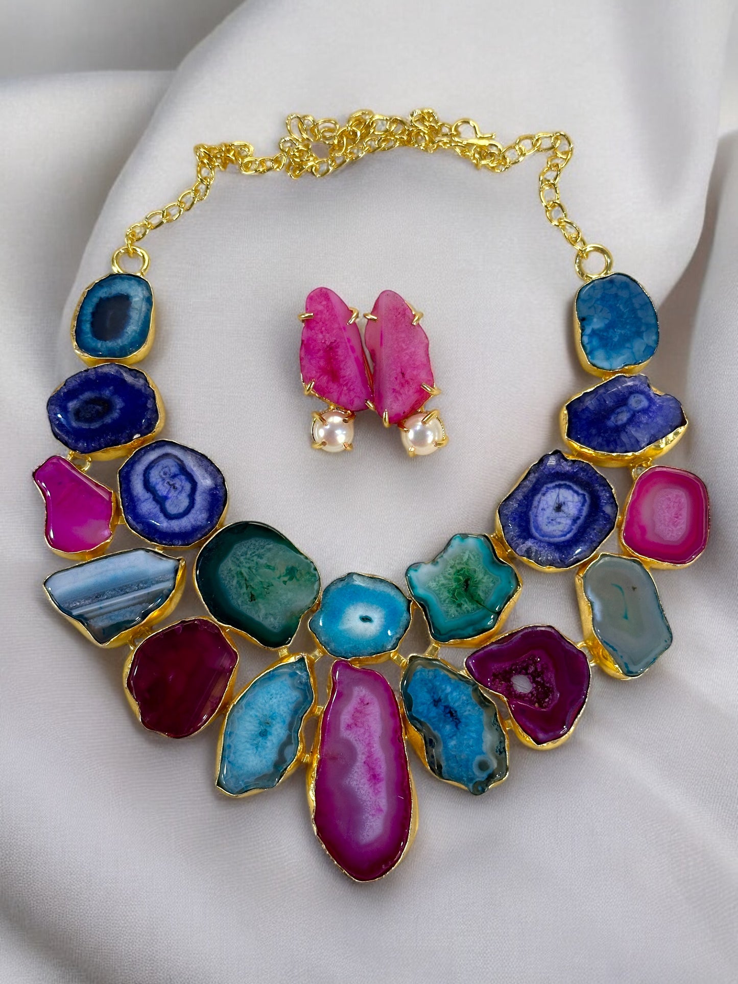 Multicolored Agate Stone Slice Brass Necklace Set