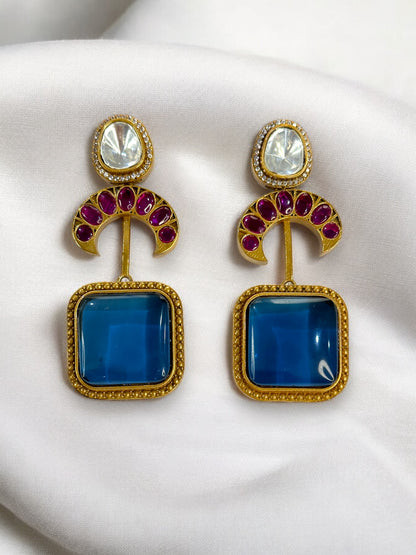 Blue Contemporary Antique Gold Dangler Earrings
