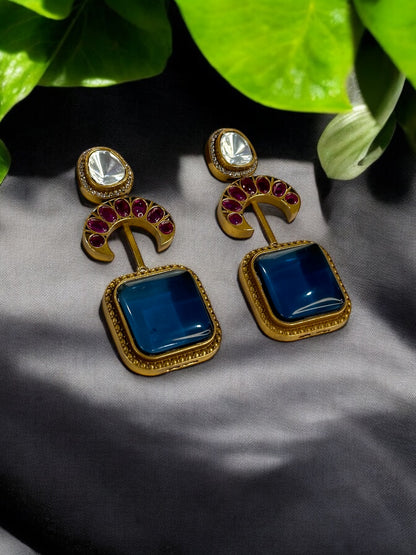 Blue Contemporary Antique Gold Dangler Earrings