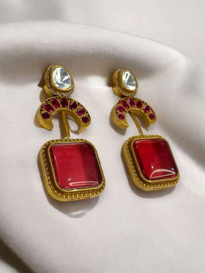 Red Contemporary Antique Gold Dangler Earrings