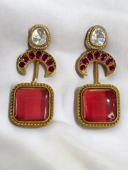 Red Contemporary Antique Gold Dangler Earrings