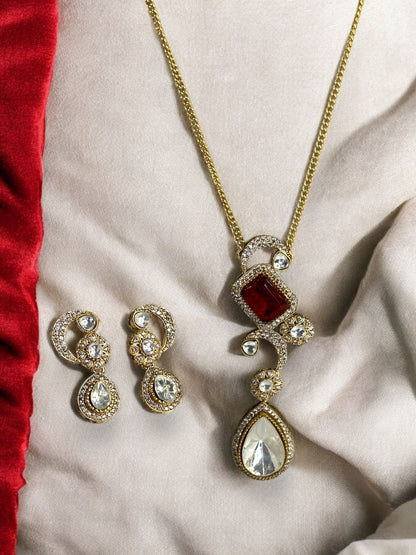 Red Teardrop Polki Pendant Set