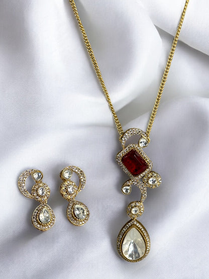 Red Teardrop Polki Pendant Set