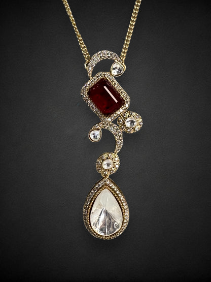 Red Teardrop Polki Pendant Set