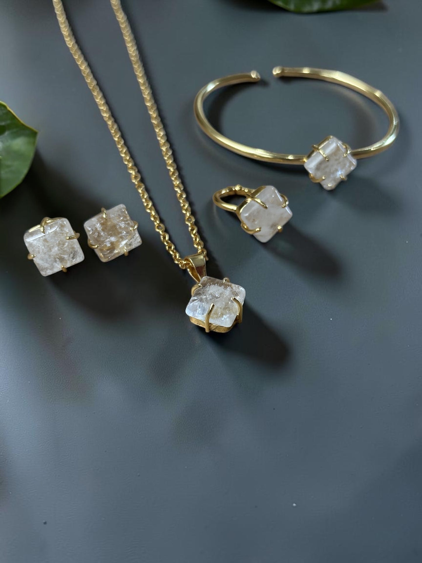5 PCS Clear Quartz Pendent Set with Ring and Bracelet