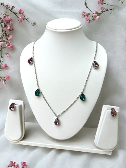 Pink Blue Swarovski Crystal Teardrop Necklace With Studs