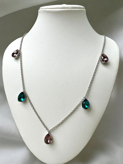 Pink Blue Swarovski Crystal Teardrop Necklace With Studs