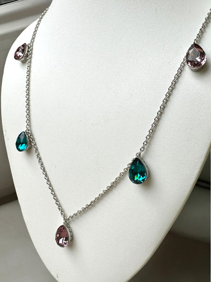 Pink Blue Swarovski Crystal Teardrop Necklace With Studs