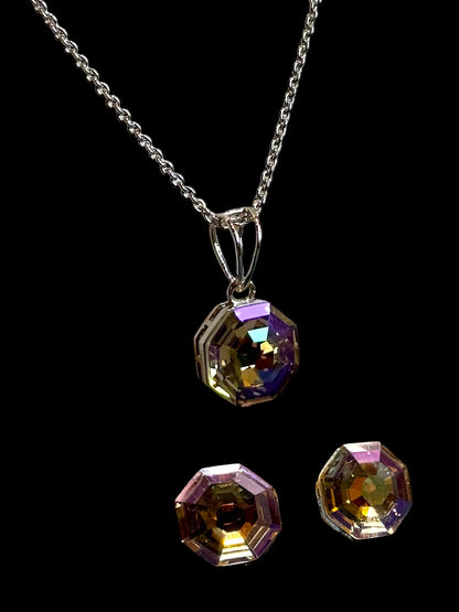Purple Swarovski Crystal Octagonal Pendant With Studs