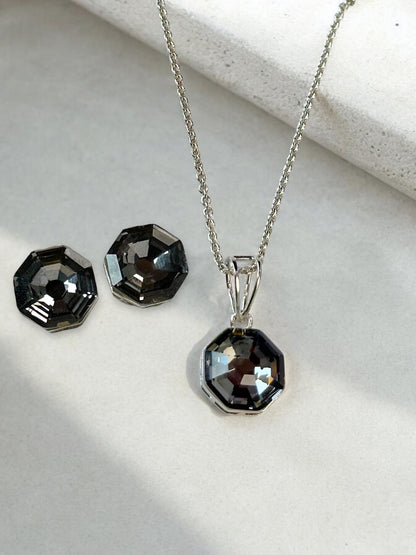 Black Swarovski Crystal Octagonal Pendant With Studs
