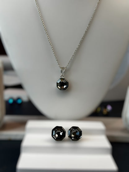 Black Swarovski Crystal Octagonal Pendant With Studs