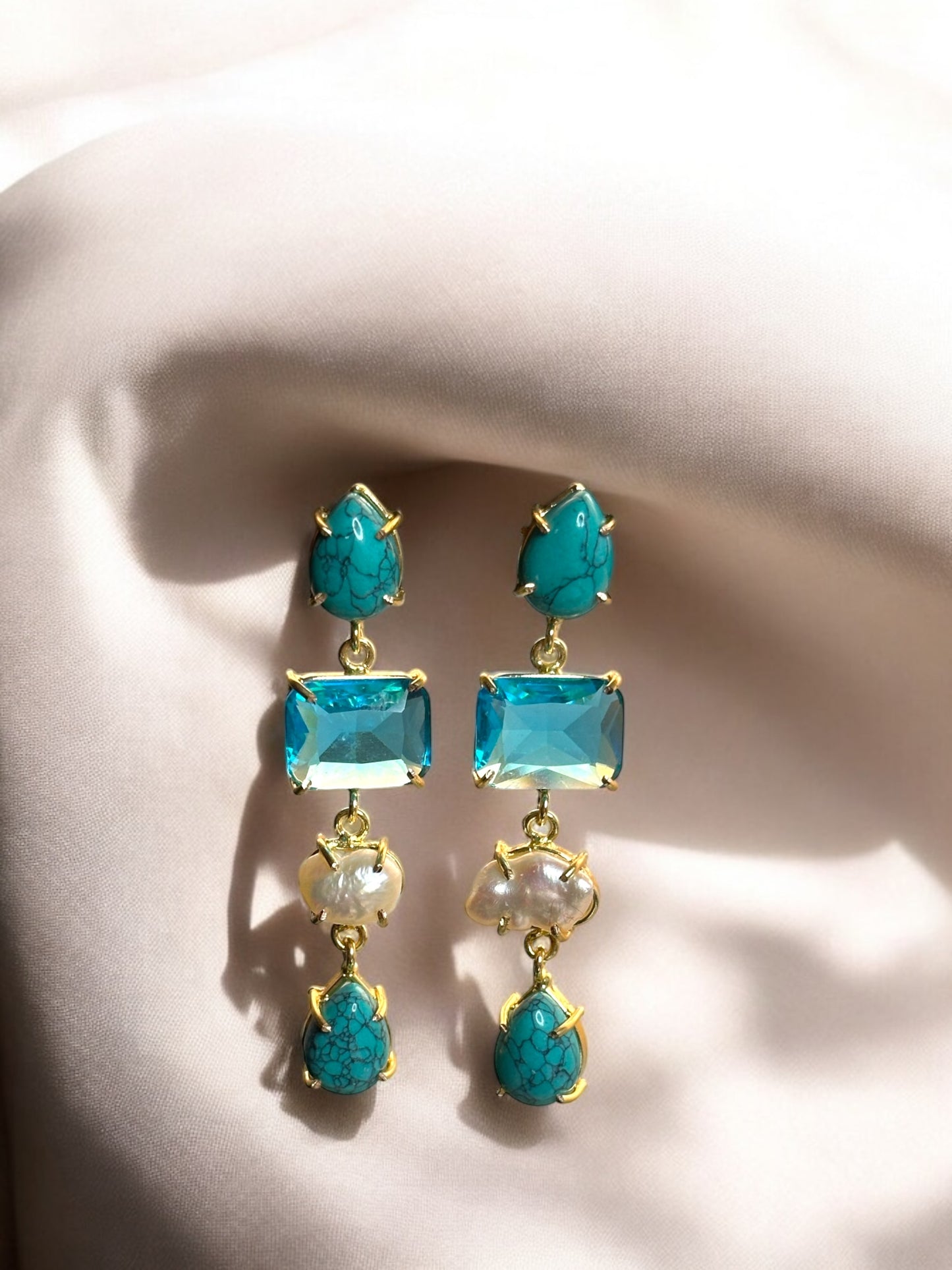 Stone and Pearl Long Danglers Earrings