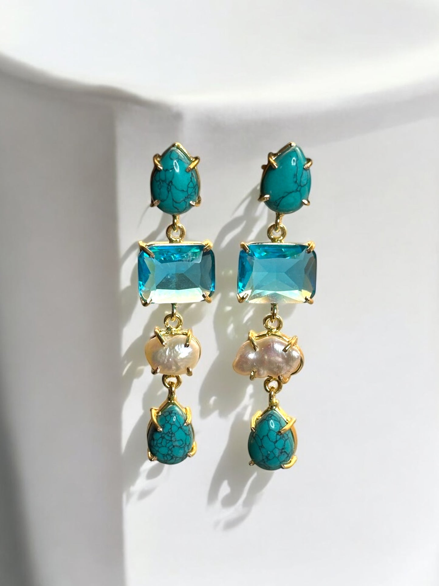 Stone and Pearl Long Danglers Earrings
