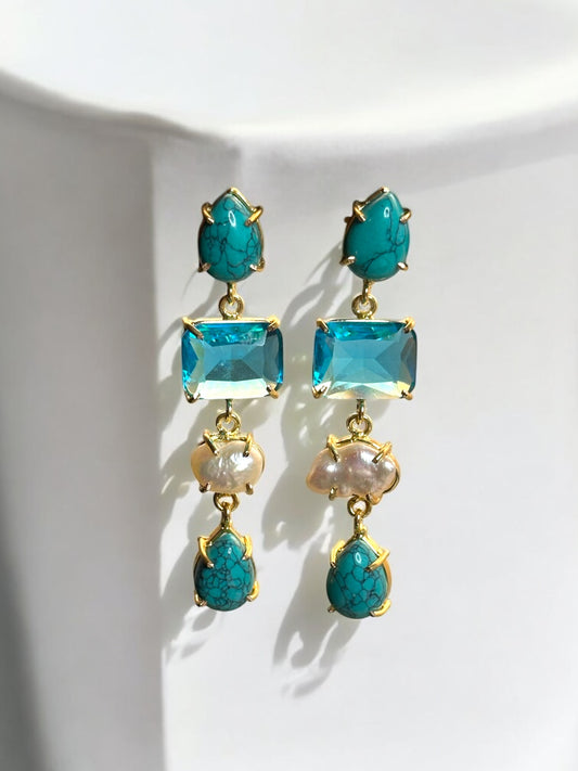 Stone and Pearl Long Danglers Earrings