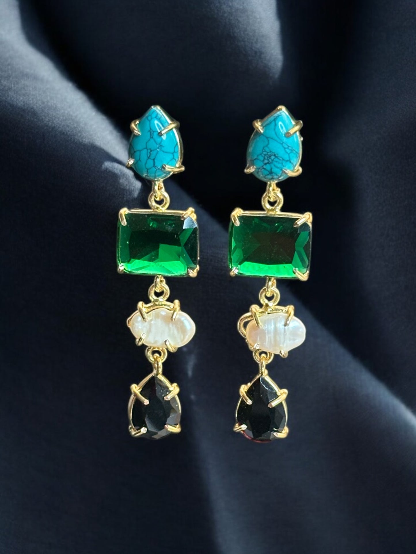 Stone and Pearl Long Danglers Earrings